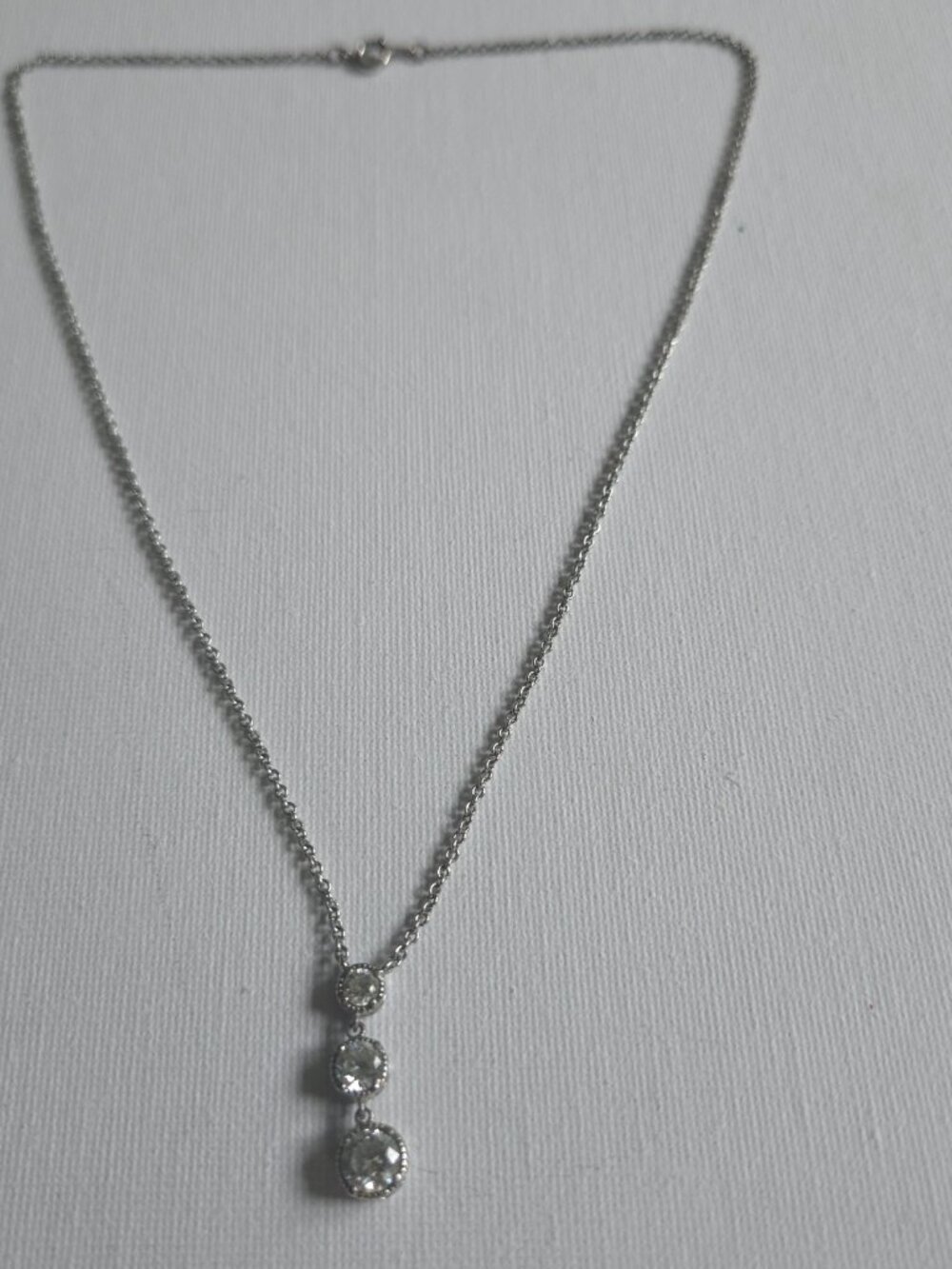 Silver Tone 3 Stone Graduated Cubic Zirconia Drop Pendant Necklace Past Present
